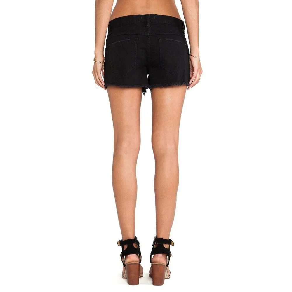 Free People Denim Shorts Sharkbite Black Button Fly Fray Hem Distress - Picture 2 of 10